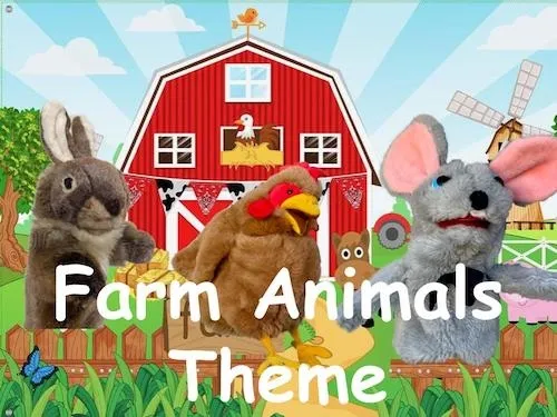Puppet rabbit, chicken, and mouse in front of a red barn with farm animals theme text.