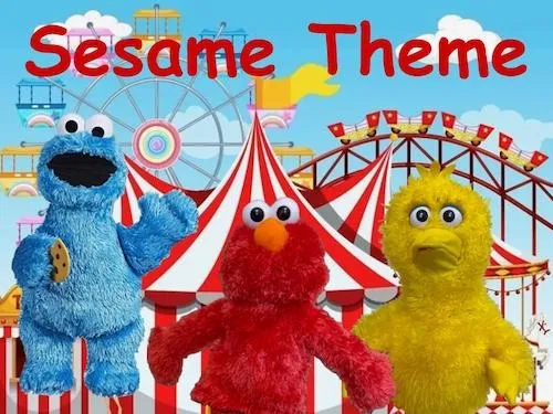 Cookie Monster, Elmo, and Big Bird standing in front of a carnival tent and rides under Sesame Theme text.