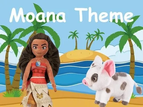 Cartoon Moana and pig standing on a beach with palm trees and ocean under a blue sky.