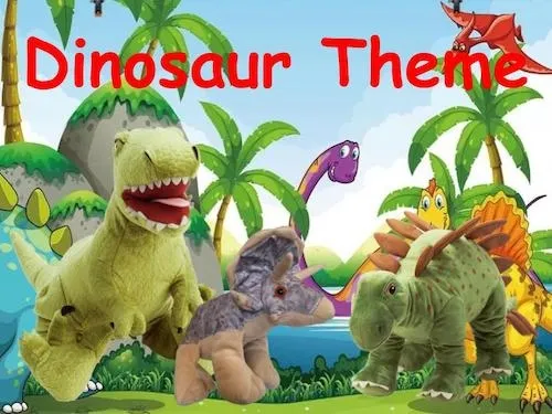 Three plush dinosaurs in a colorful jungle scene with palm trees and volcanoes, titled Dinosaur Theme.
