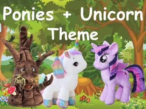 Three plush toys—a tree stump, a white unicorn, and a purple pony—on a forest background with text Ponies + Unicorn Theme.