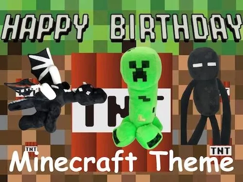 Minecraft-themed birthday image with Happy Birthday text and plush Creeper, Enderman, and dragon.