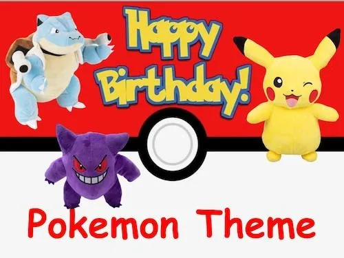 Happy Birthday text with plush toys of Blastoise, Pikachu, and Gengar on a Pokeball background.