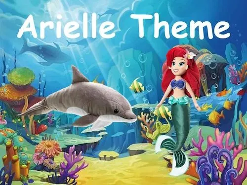 Underwater scene with a smiling mermaid, dolphin, tropical fish, and colorful coral reefs.