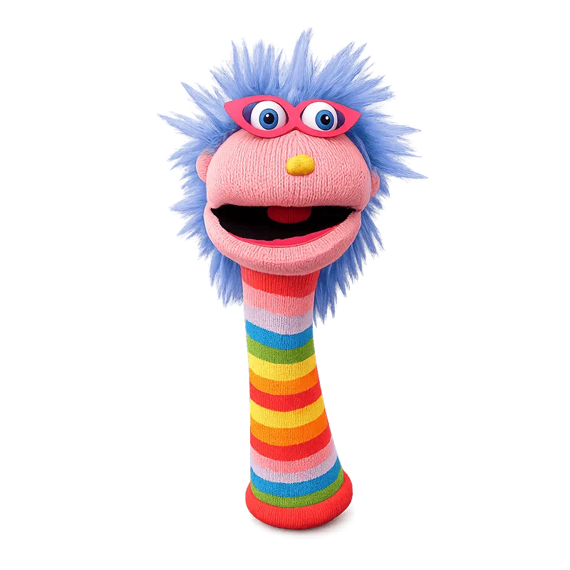 Colorful puppet with blue hair, pink face, red lips, yellow nose, and striped rainbow neck.