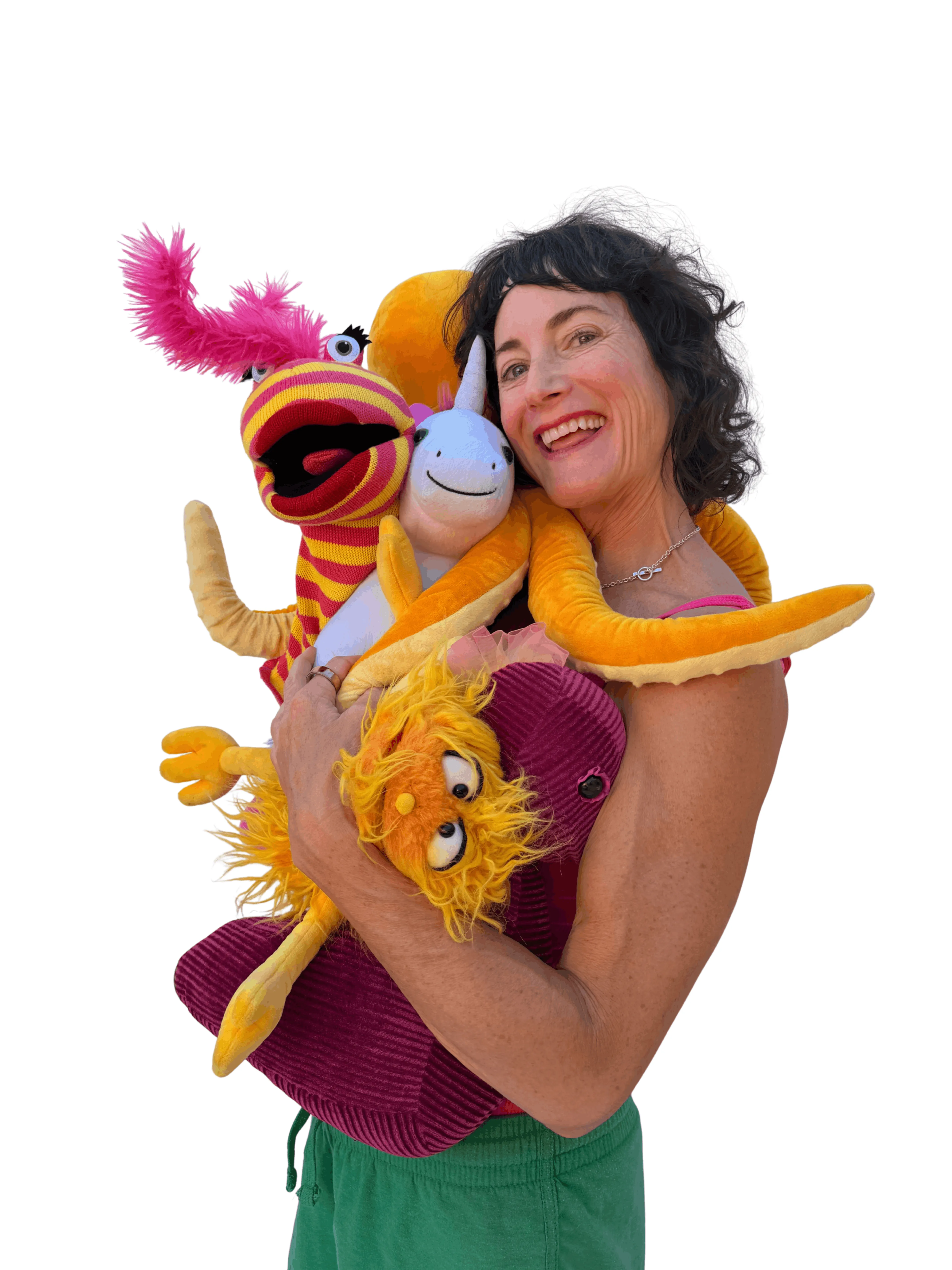 Ricky Roo & Friends entertainer Allison hugging colorful puppets including a striped one with pink feathers and a yellow furry one.