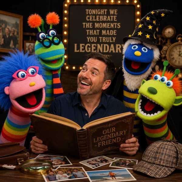 Man celebrating a milestone event reads a book titled Our Legendary Friend surrounded by Ricky Roo & Friends' colorful, goofy puppets in a cozy room.