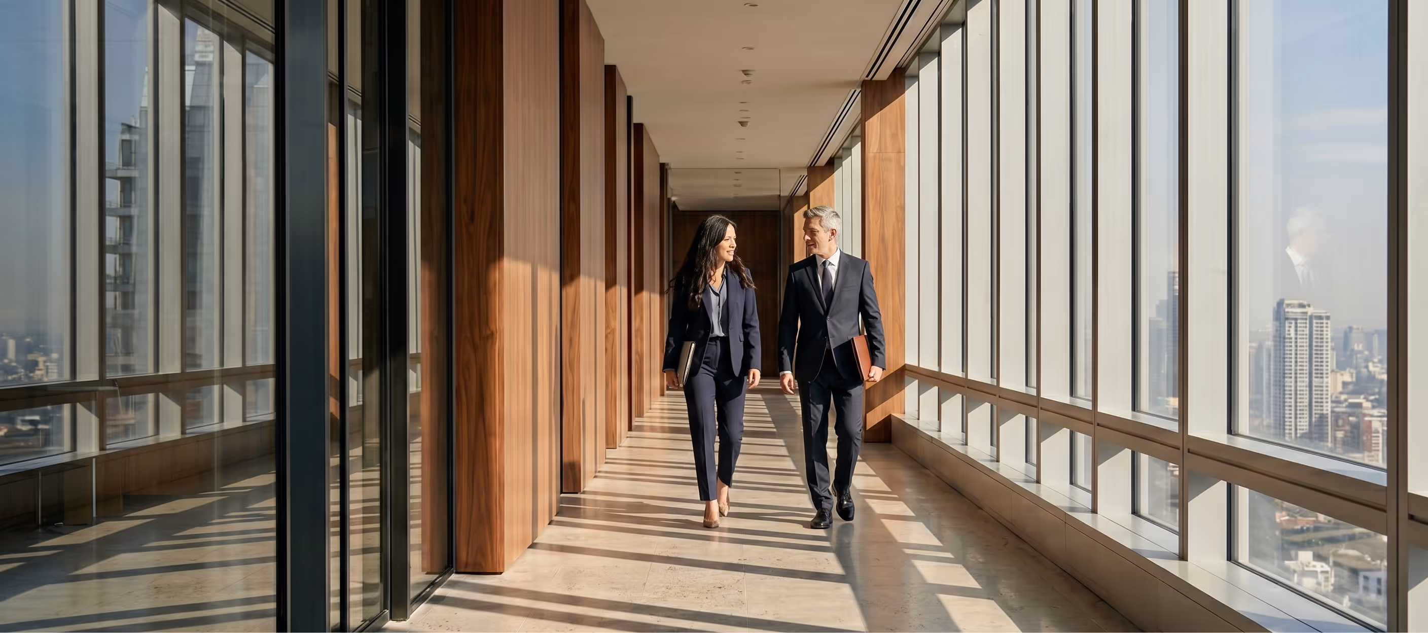 Two business professionals walking and talking in a sunlit office hallway with large windows.