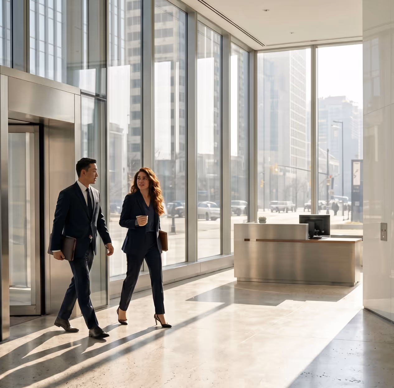 Two business professionals in suits walking and talking in a modern office lobby with large windows.