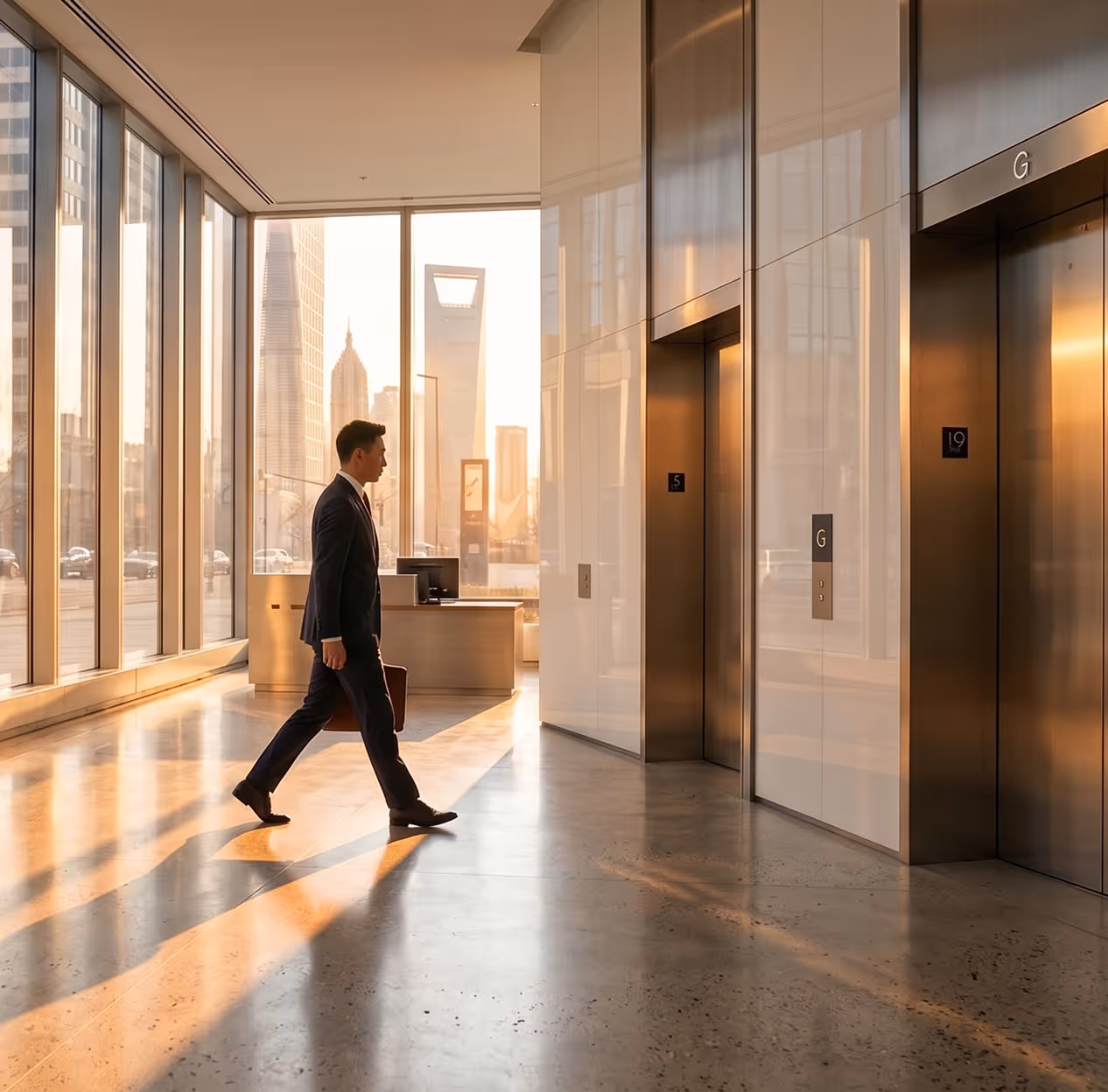 Businessman in suit walking toward elevators in an office lobby with city skyline outside windows.