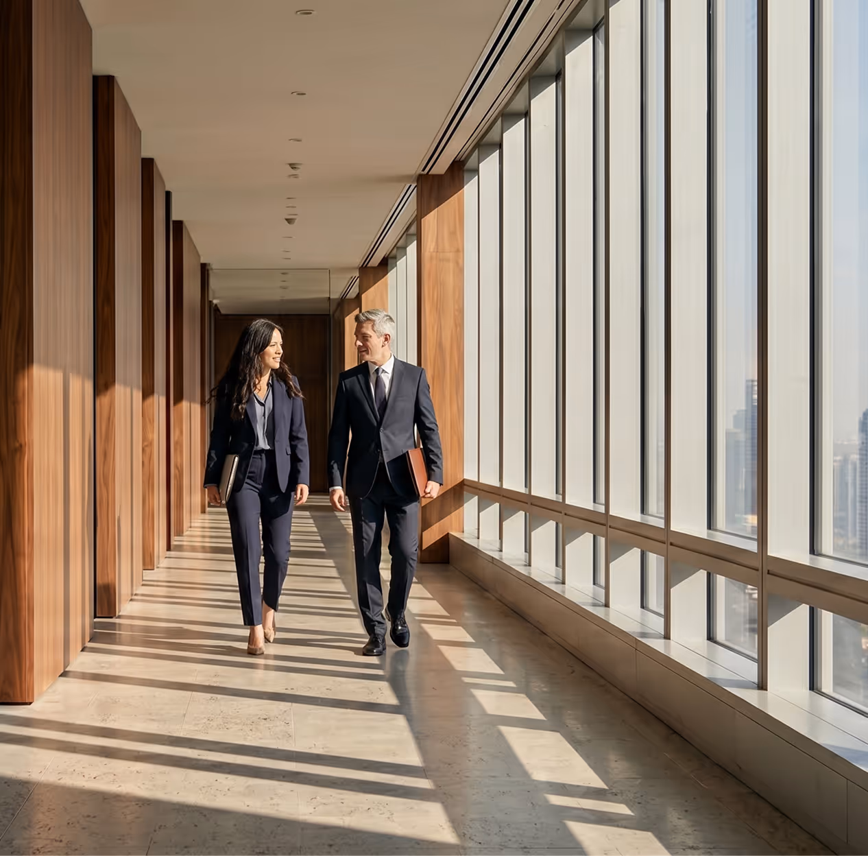 Two business professionals walking and talking in a sunlit office hallway with large windows.