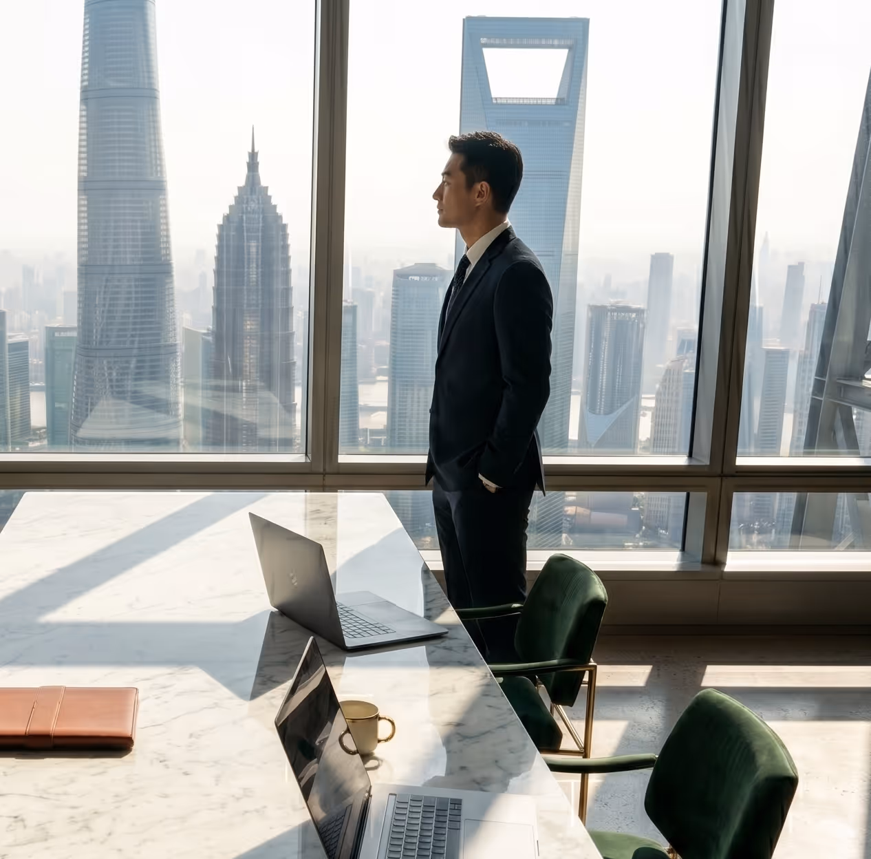 Businessman in suit standing at office window overlooking cityscape with skyscrapers and laptops on table.