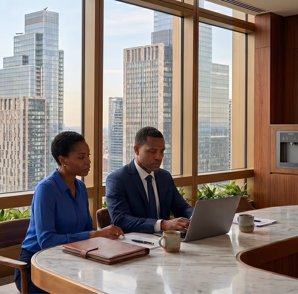 Two professionals working on a laptop at a marble table in an office with large city-view windows.