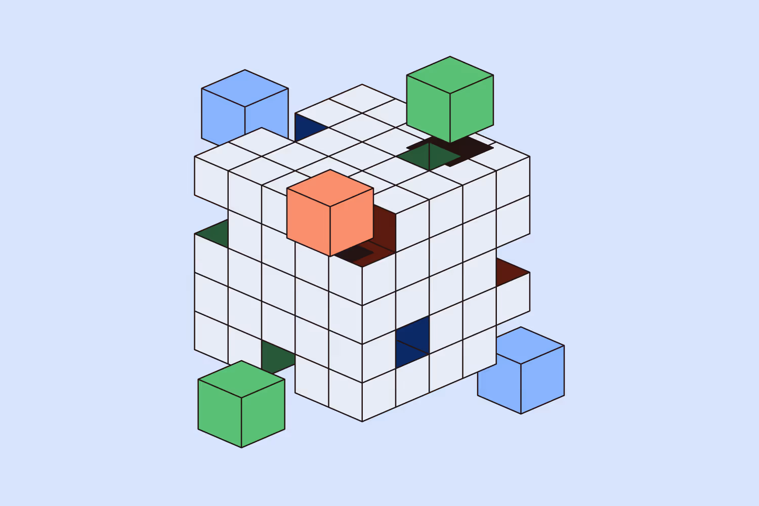 White 3D cube made of smaller cubes with colored cubes inserted and holes on a light blue background.