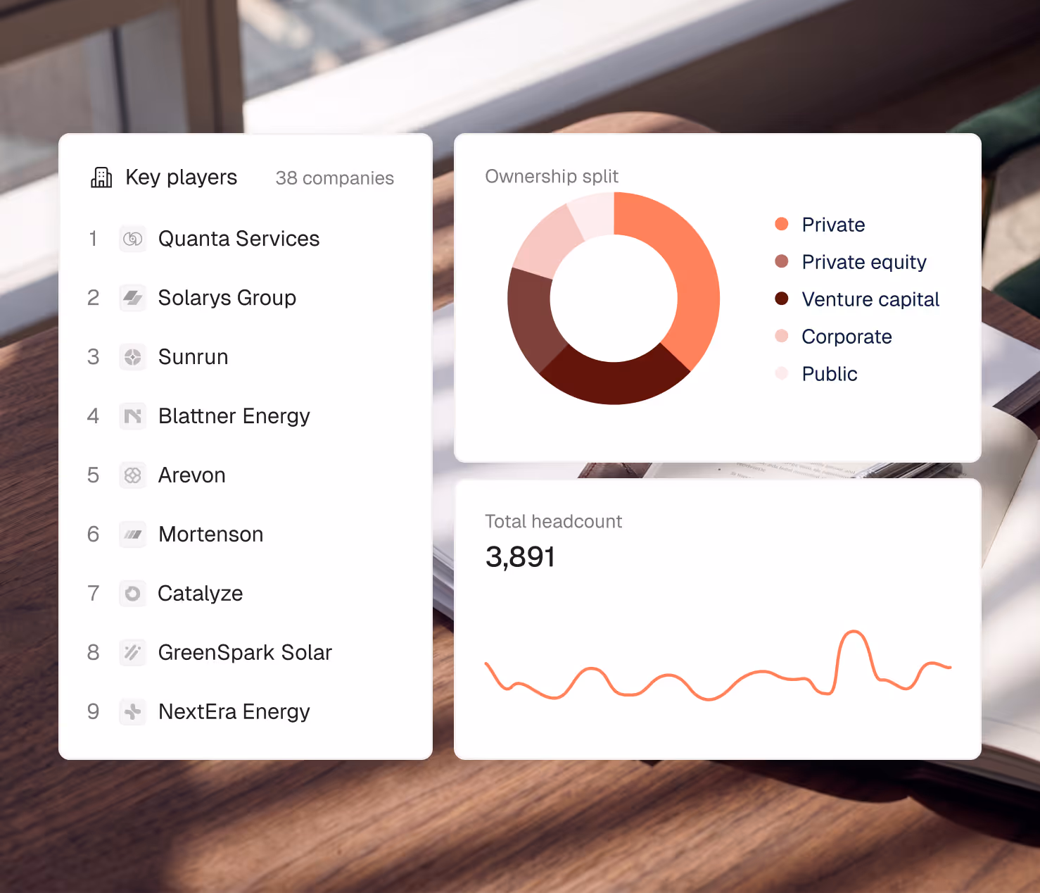 Dashboard showing key players list, ownership split donut chart, and total headcount of 3,891.