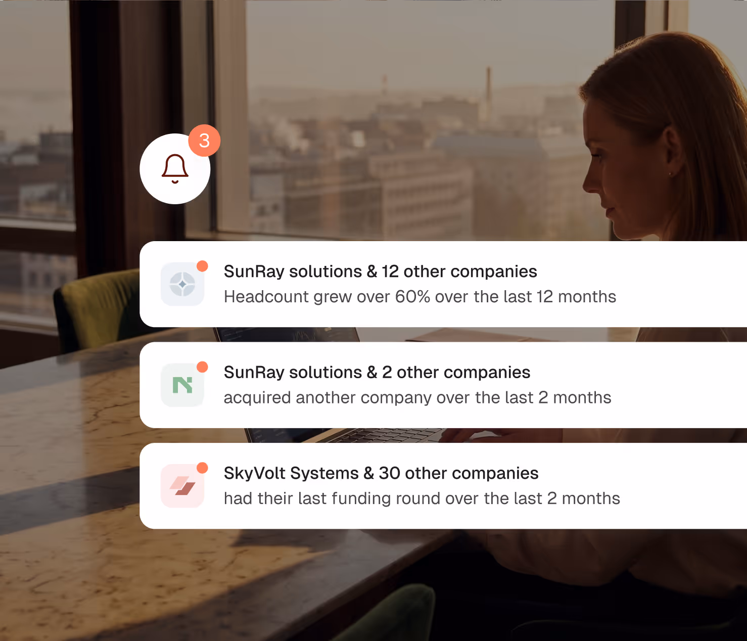 Notifications show market updates: company headcount growth, acquisitions, and funding rounds for SunRay and SkyVolt.