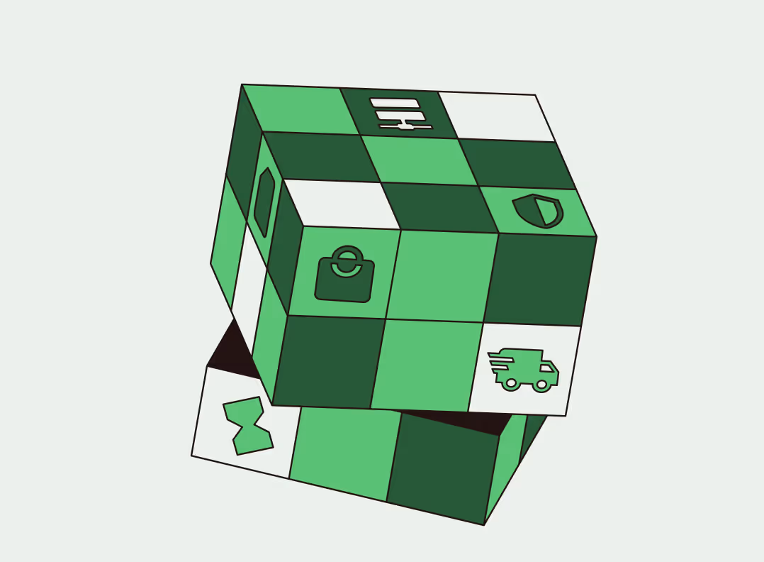 Green and white 3D cube with icons of a shopping bag, delivery truck, shield, and cash register.