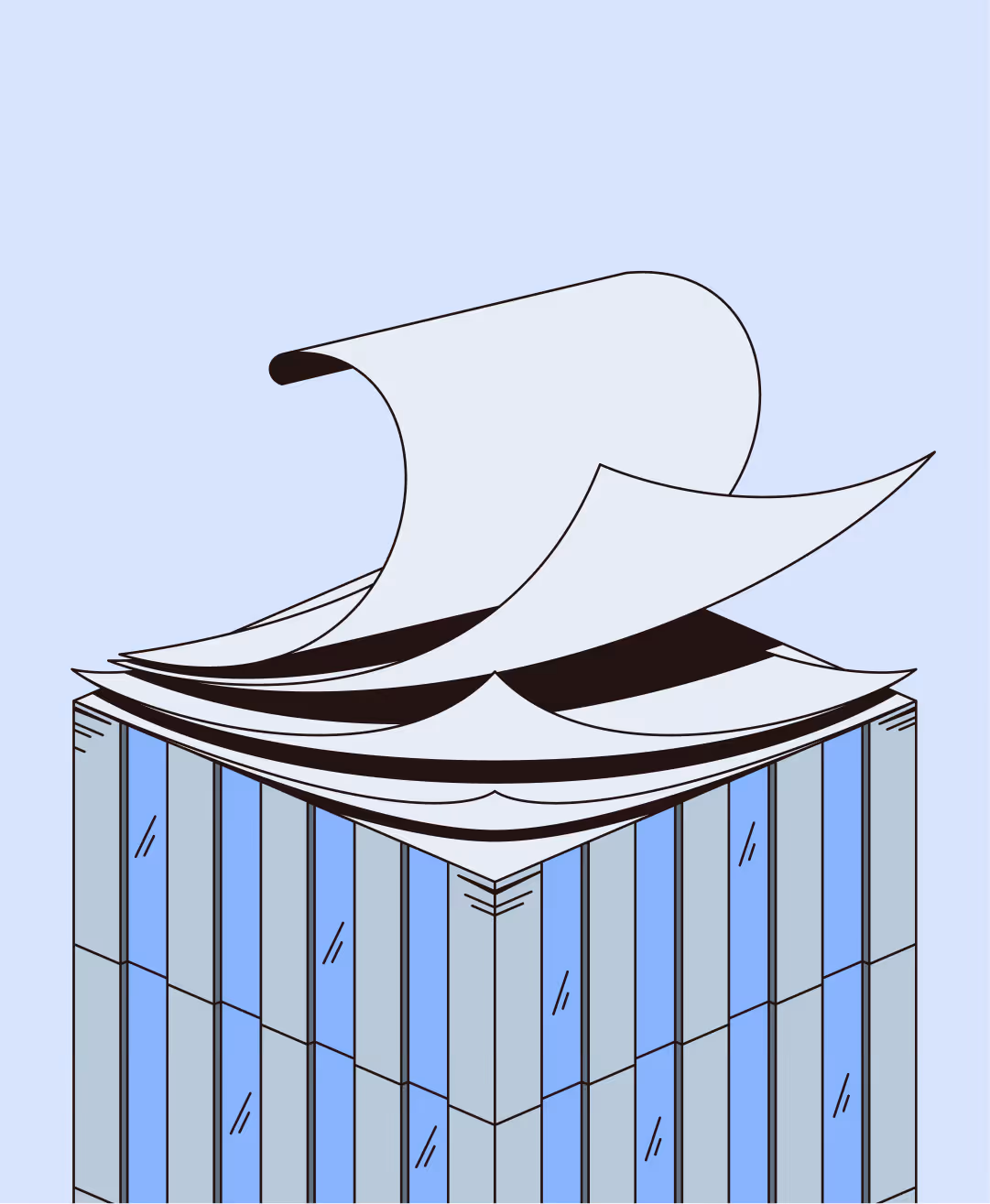 Building with glass windows and large sheets of paper flying or floating over its rooftop.
