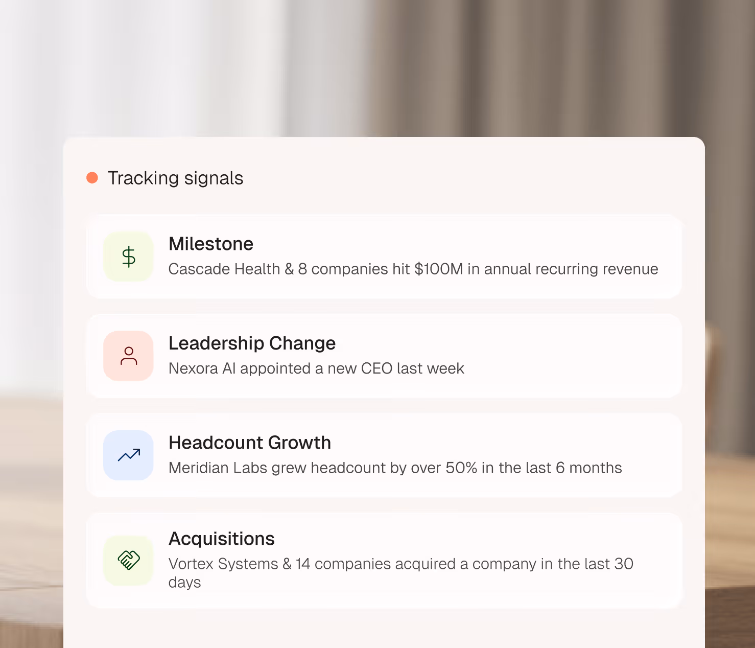 List of tracking signals on companies including milestone, leadership change, headcount growth, and acquisitions.