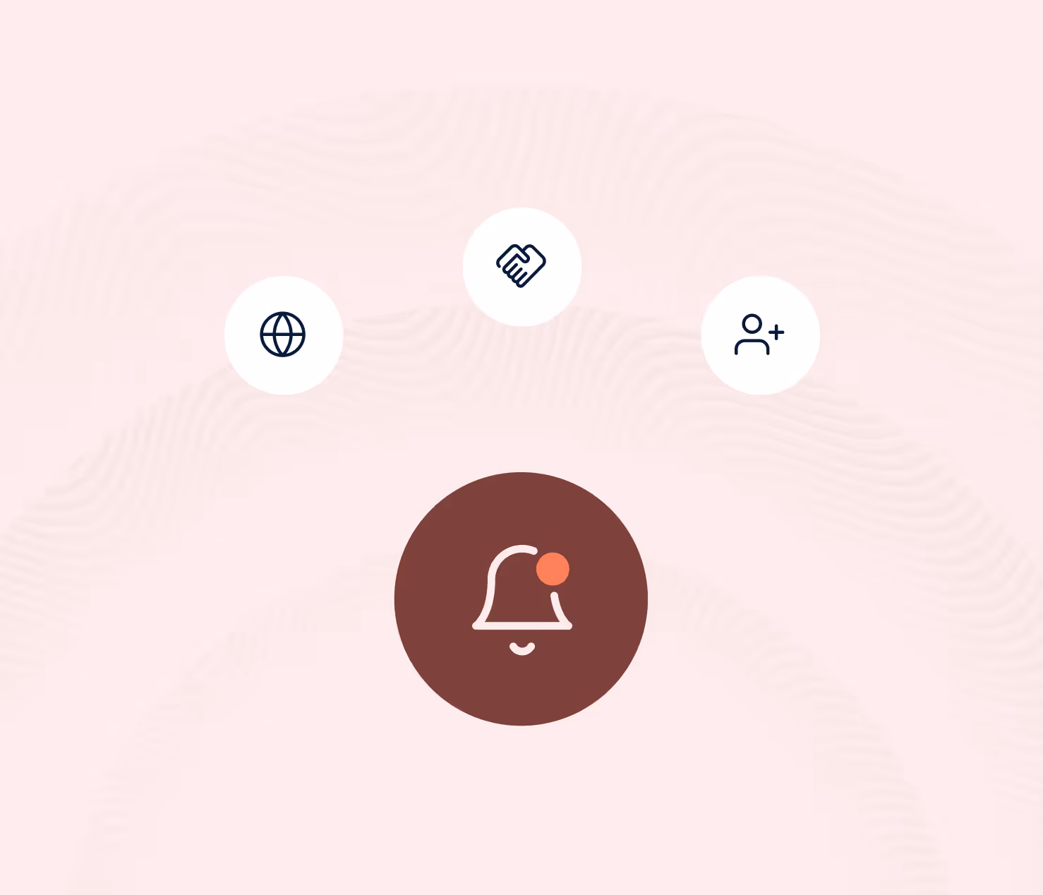 Notification bell icon with a red alert dot, surrounded by globe, handshake, and user add icons.