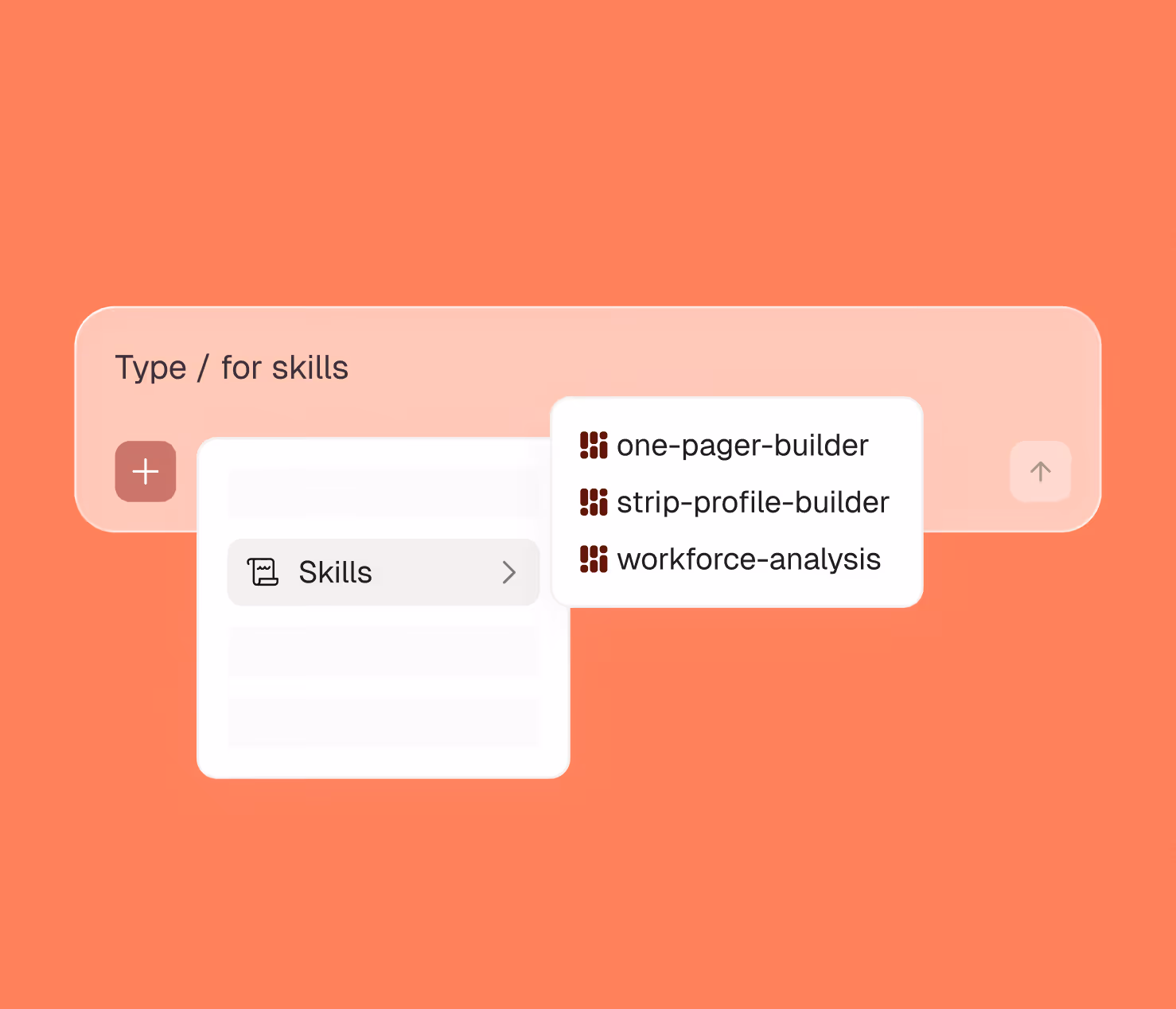 Interface showing skill selection with options: one-pager-builder, strip-profile-builder, workforce-analysis.