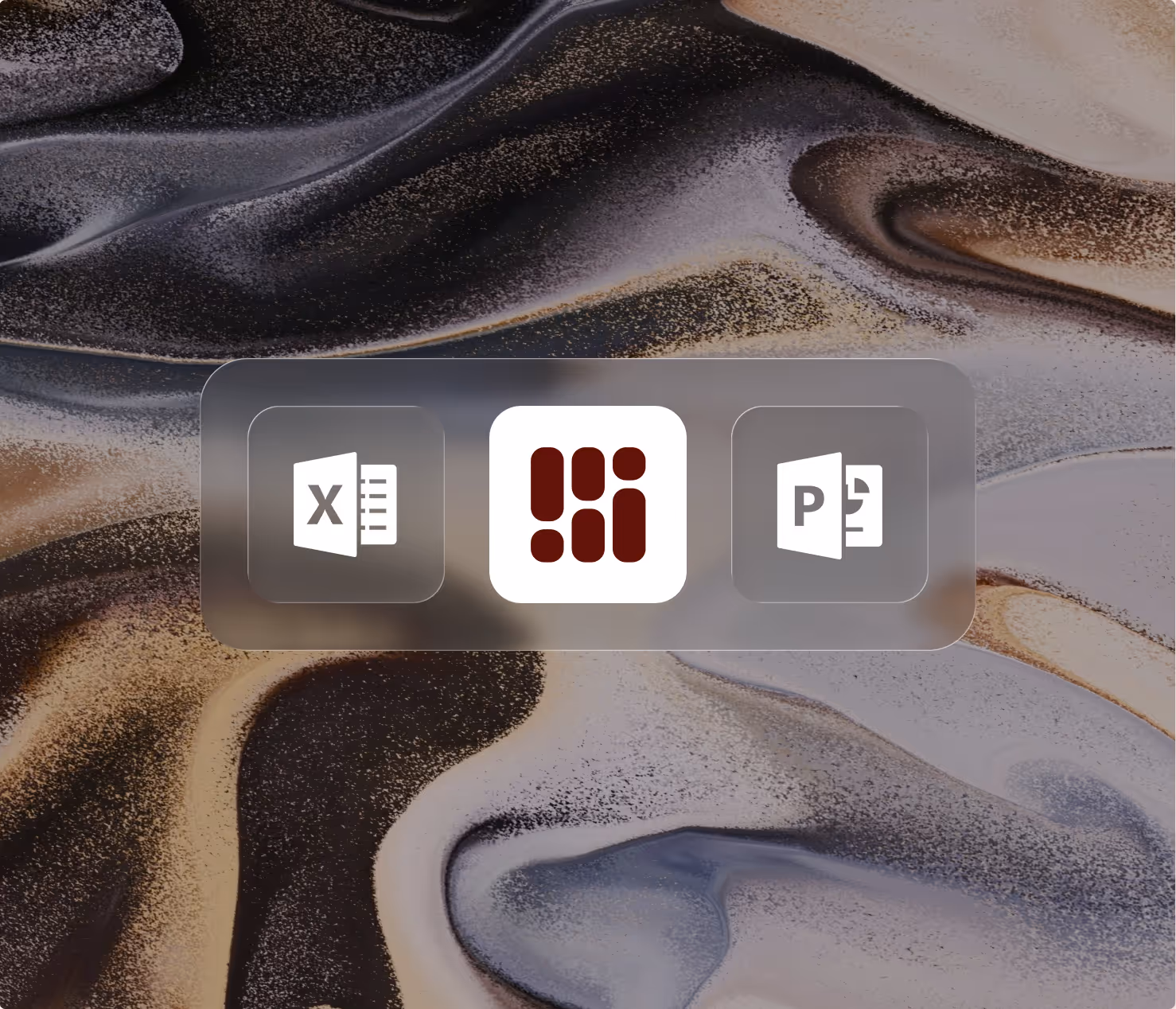 Icons of Excel, a maroon app logo, and PowerPoint on a blurred abstract swirled background.