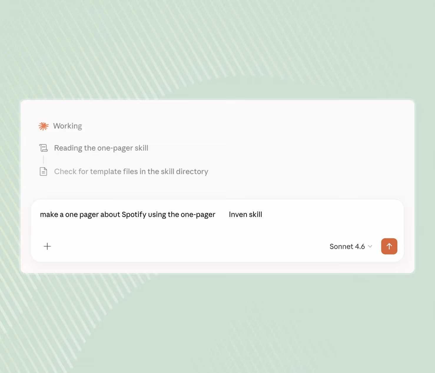 Text interface showing working status and a prompt to make a one-pager about Spotify using the one-pager skill.
