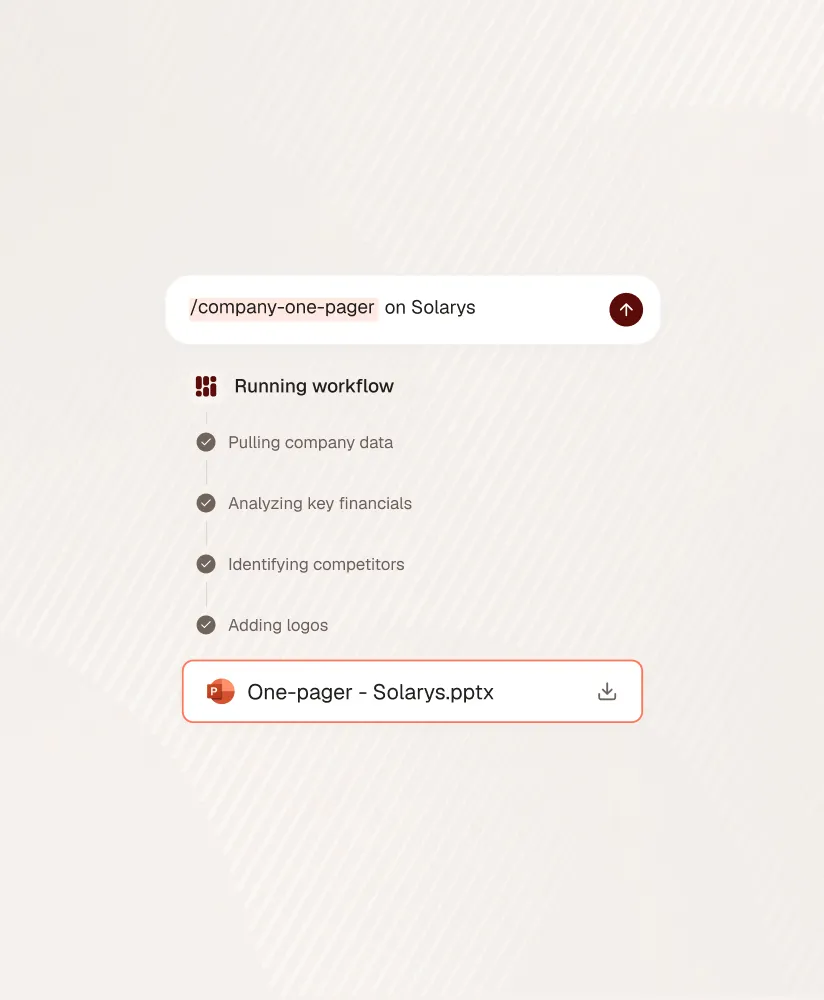 Workflow for creating a one-pager on Solarys shows pulling data, analyzing financials, identifying competitors, adding logos.