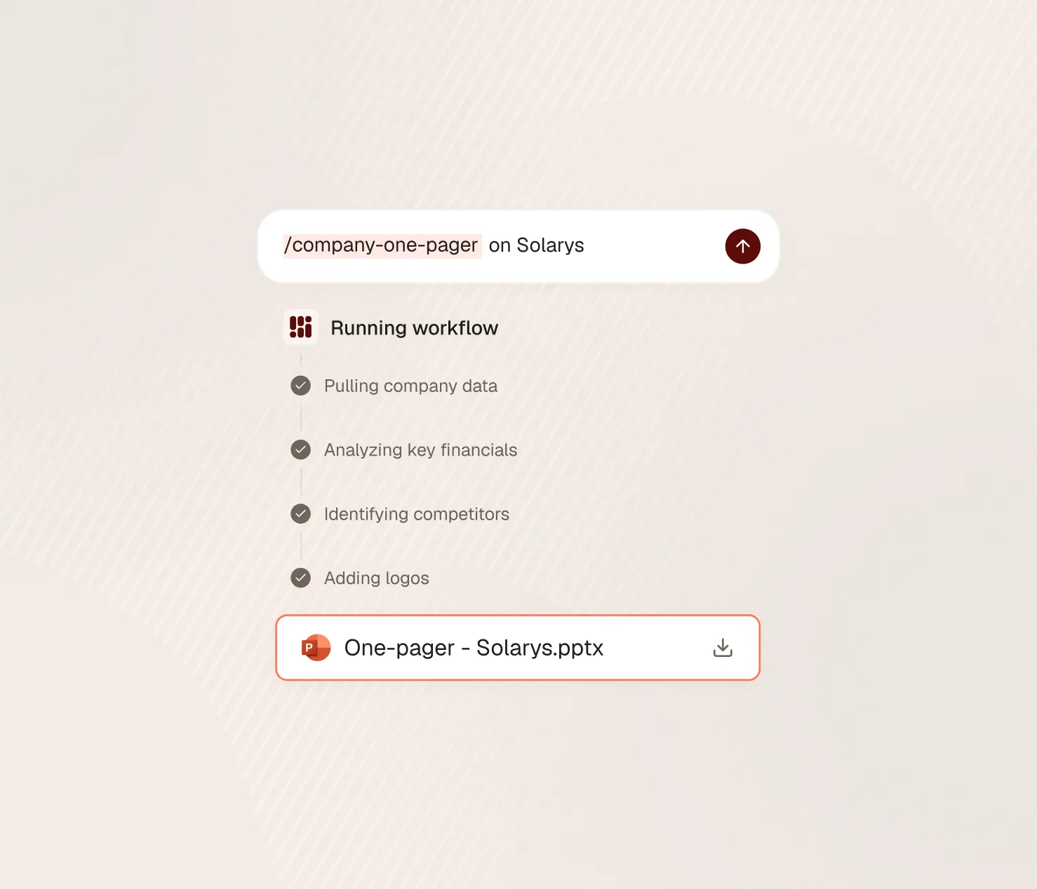 Interface showing running workflow steps pulling data, analyzing finances, identifying competitors, and adding logos.