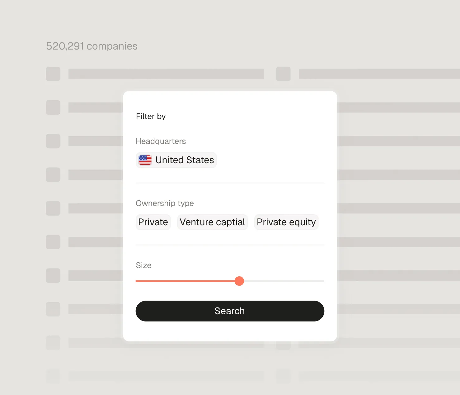 Filter panel showing United States headquarters, ownership types, size slider, and a Search button.