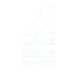 Logo de Caux Seine agglo avec un design graphique abstrait au-dessus du texte.