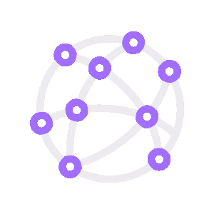 Icône de réseau mondial avec des nœuds violet reliés par des lignes courbes blanches.