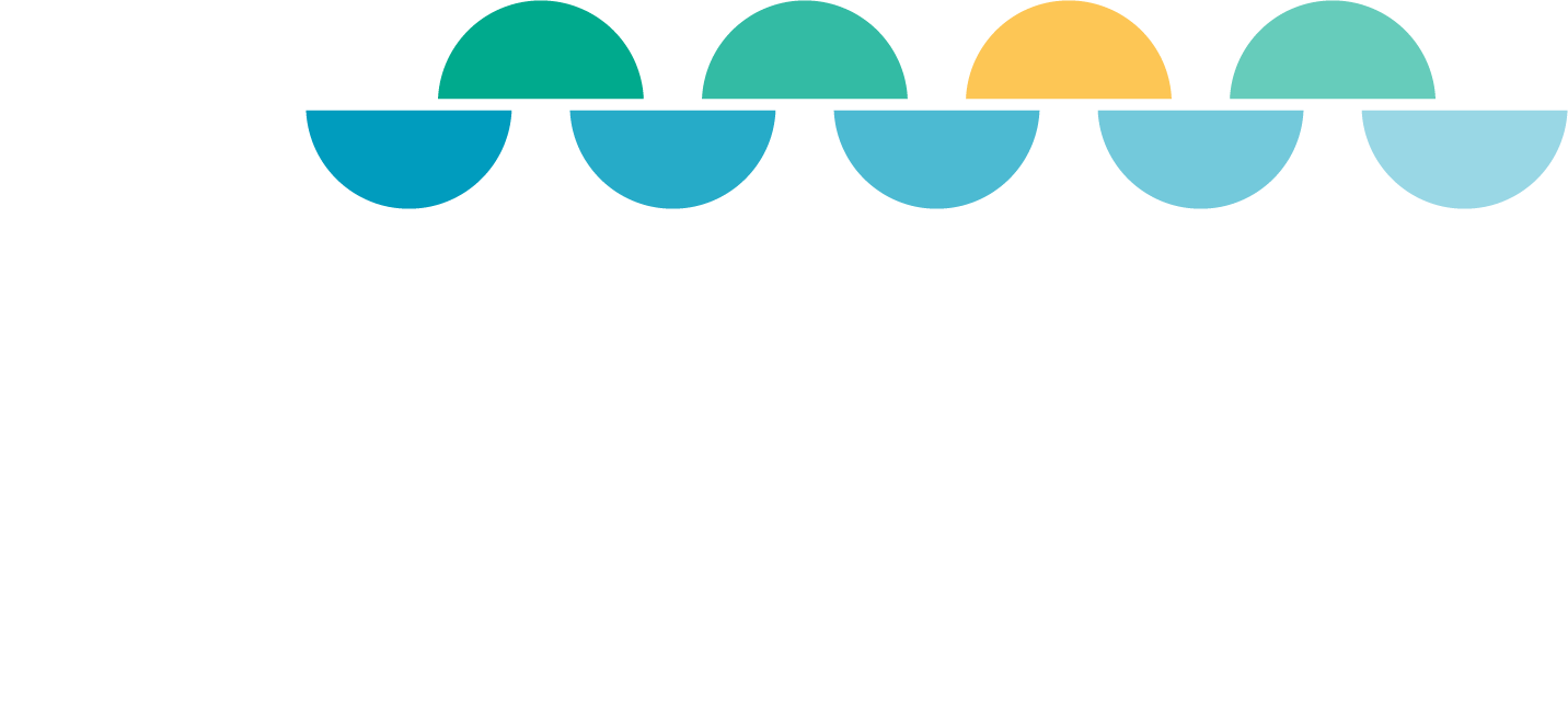 Motif de demi-cercles colorés alignés horizontalement en bleu, vert, jaune et turquoise.