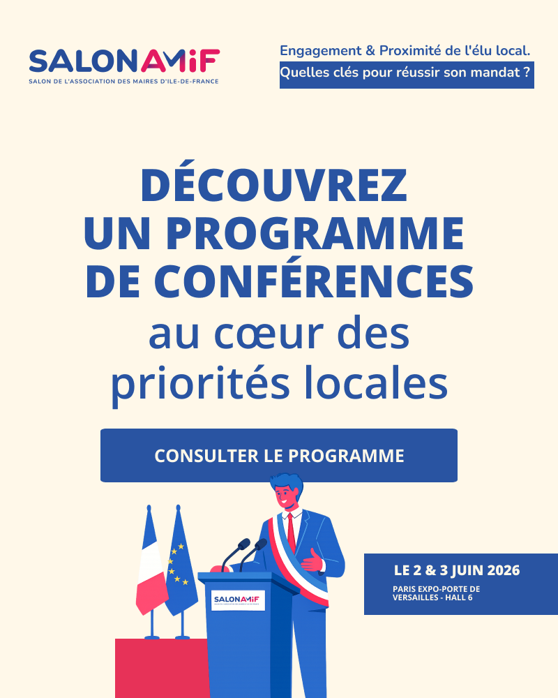 Affiche du programme de conférences SALON AMIF sur les priorités locales les 2 et 3 juin 2026 à Paris.