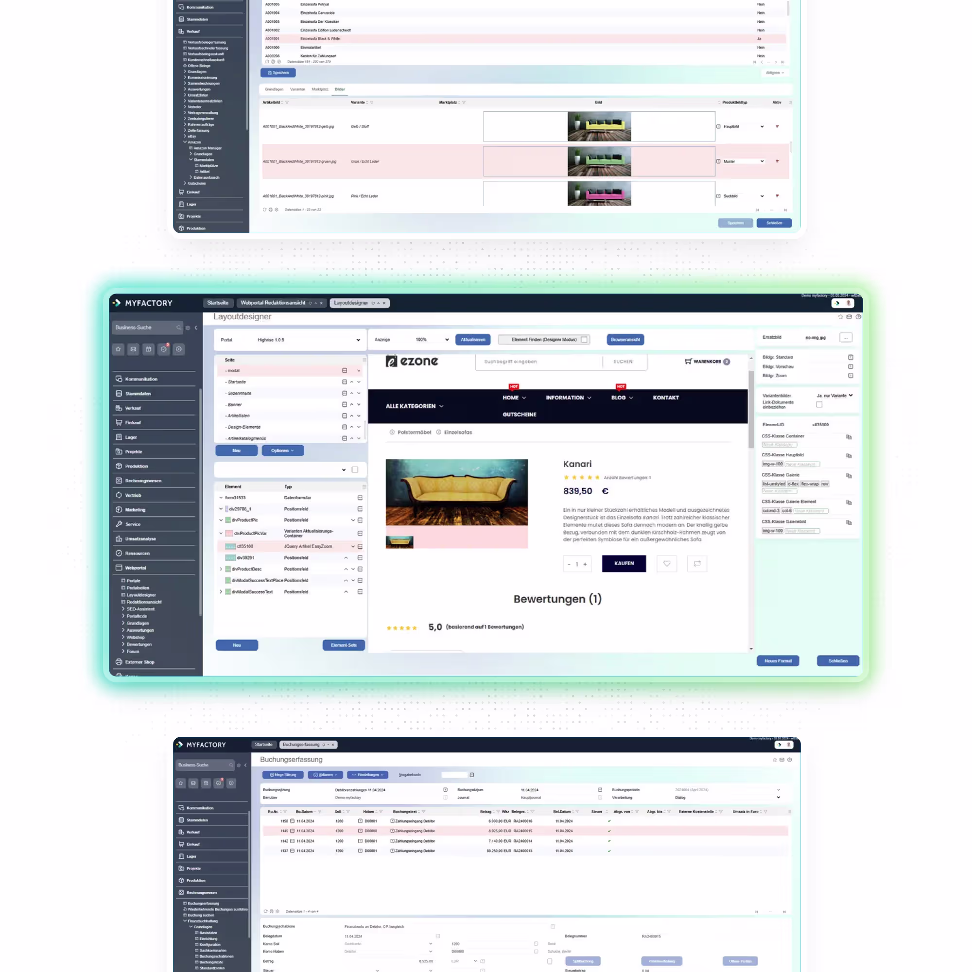 Drei gestapelte Screenshots der myfactory-Oberfläche: eine Auswertung offener Posten und Umsätze, ein integrierter Webshop mit Artikeldetailseite (Produktbild, Preis 899,50 €, Bewertungen) und eine Belegliste. Sie zeigen, wie Rentabilitätsdaten abrufbar sind und Webshop-Bestellungen direkt ins ERP übertragen werden