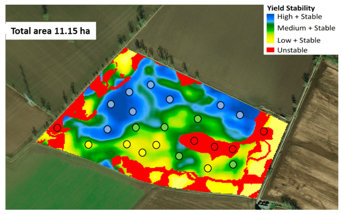 Mapa stabilnosti prinosa na parceli (11,15 ha)