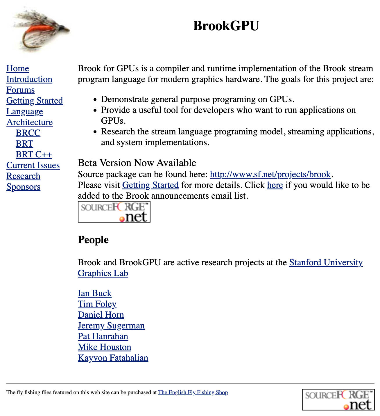 Screenshot of the BrookGPU homepage, an early Stanford Graphics Lab project for general-purpose GPU programming.