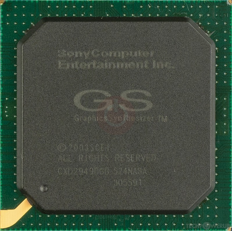 Close-up of the Sony PlayStation 2 Graphics Synthesizer GPU mounted on a green circuit board.