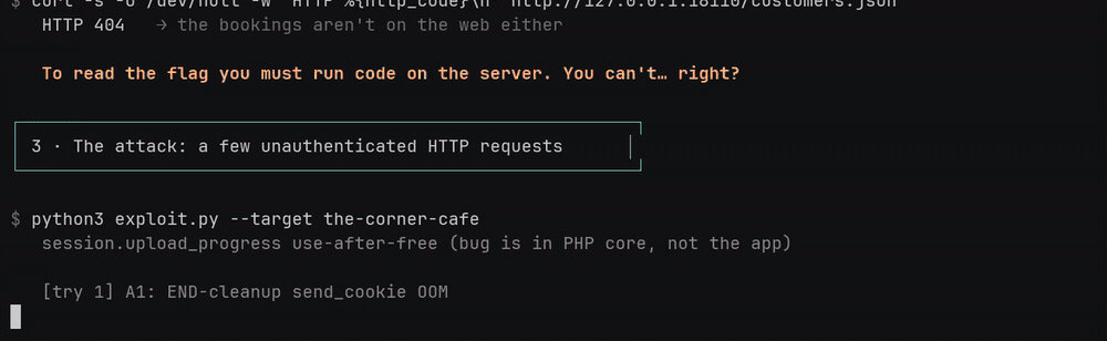 Three-second demo excerpt showing memory disclosure and recovery of PHP library addresses