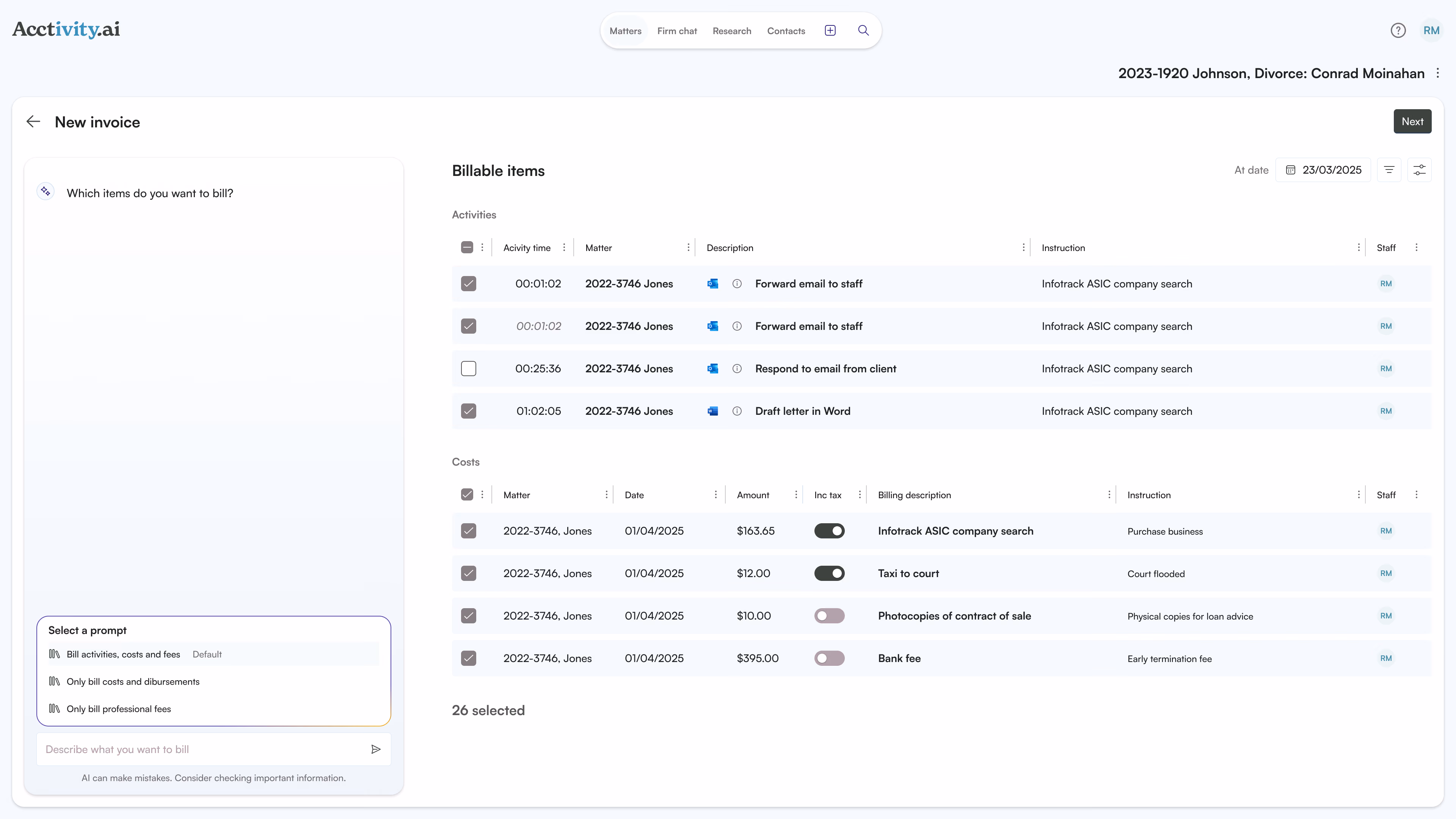 Acctivity AI legal bookkeeper interface