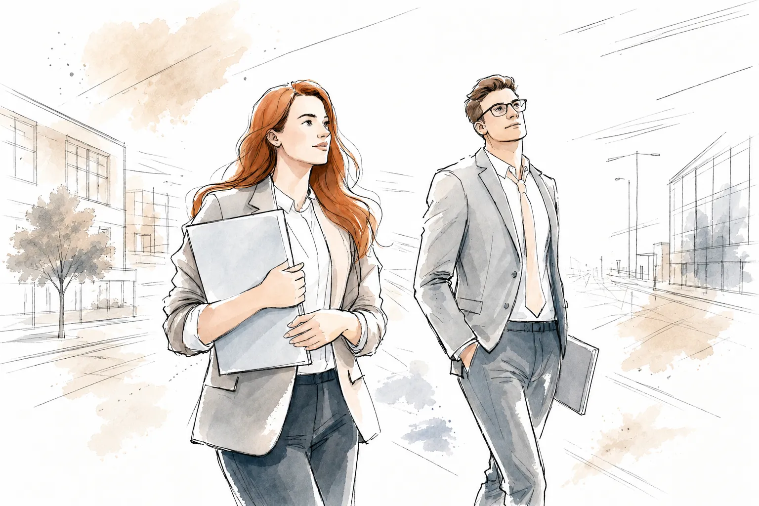 Two legal professionals walking through a city carrying documents and laptops