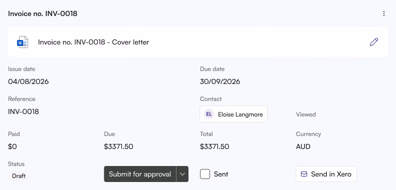 Acctivity invoice card ready to send in Xero, showing total, balance due and draft status