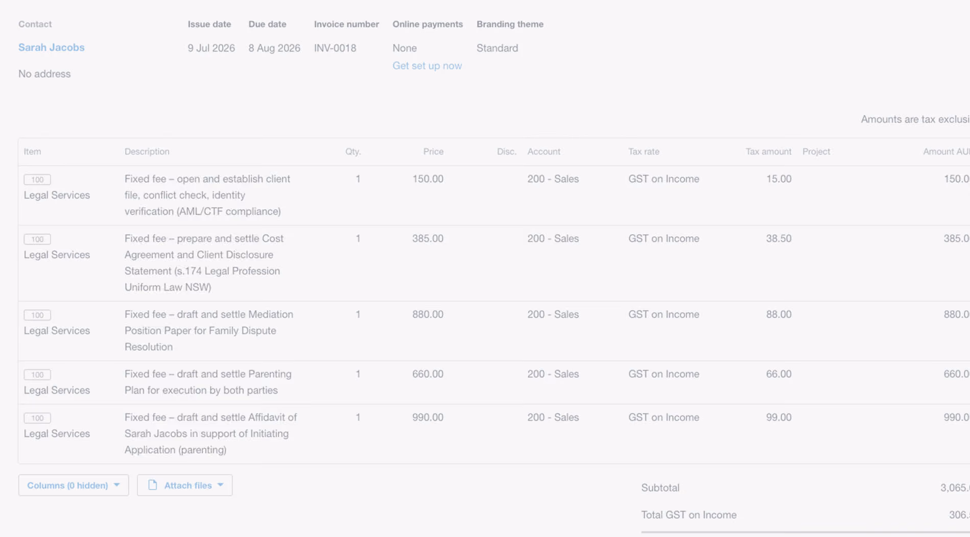 Xero invoice detail screen showing itemised legal services and amounts
