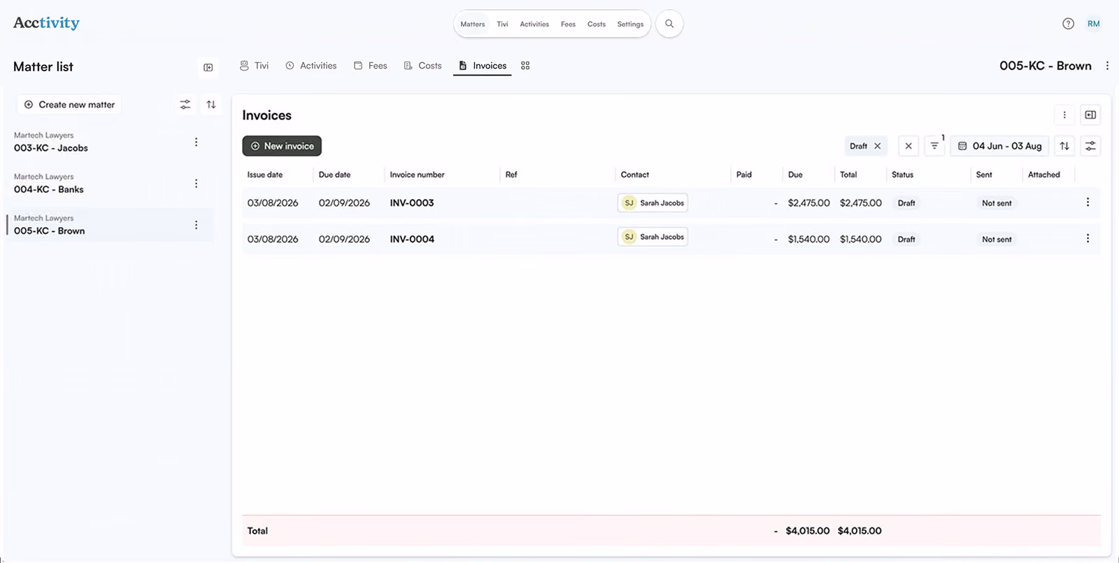 Acctivity invoice and ledger interface