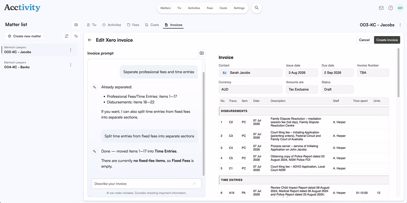 Acctivity generating a Xero invoice from a plain-English prompt, splitting legal disbursements and time entries