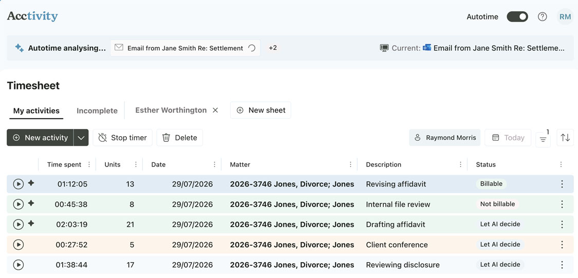Acctivity timesheet with automatically captured billable time entries