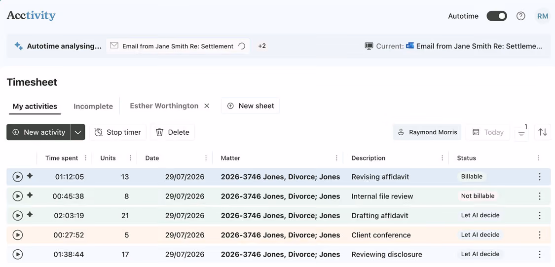 Acctivity timesheet with automatically captured billable time entries