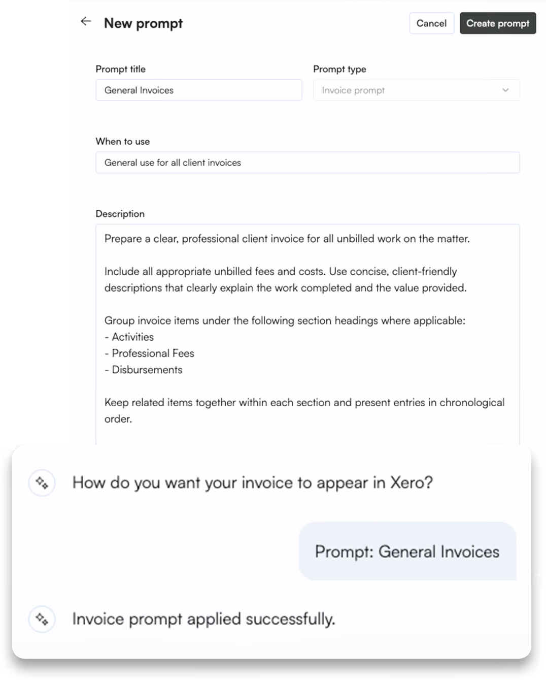 Acctivity publishing an invoice to Xero from a plain-English prompt