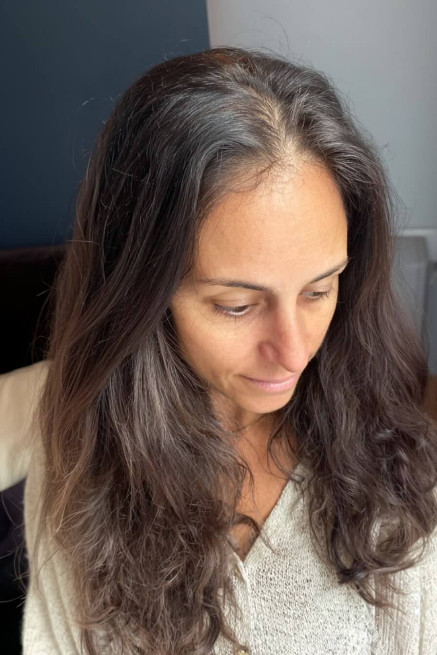 Hair of Emilia L. 5 months after PRP treatment with supplements