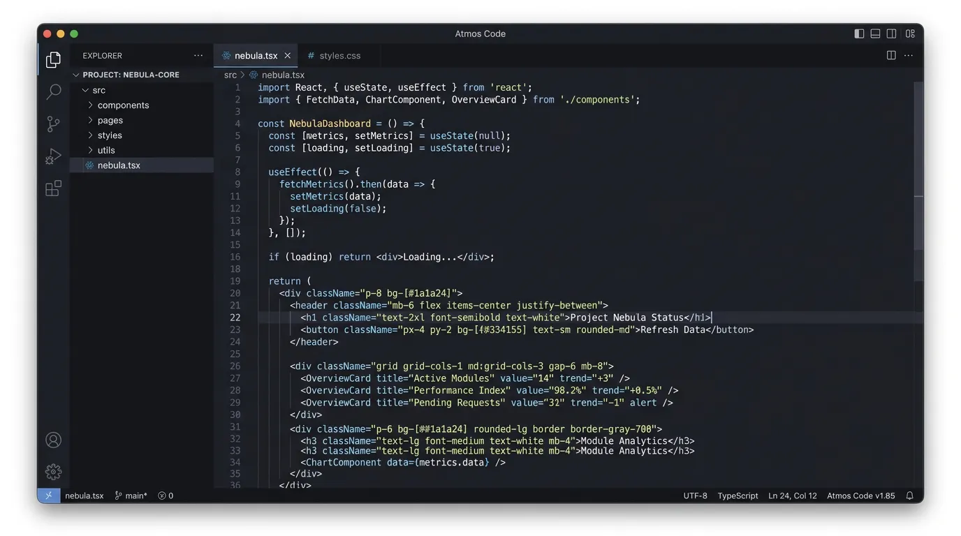 Code editor window displaying TypeScript React code for a NebulaDashboard component with project status and module analytics UI elements.